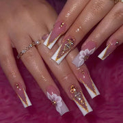 Paillettes dorées V-shaped français bord blanc fleur strass trois dimensions automne et hiver nouvelle série｜365nails