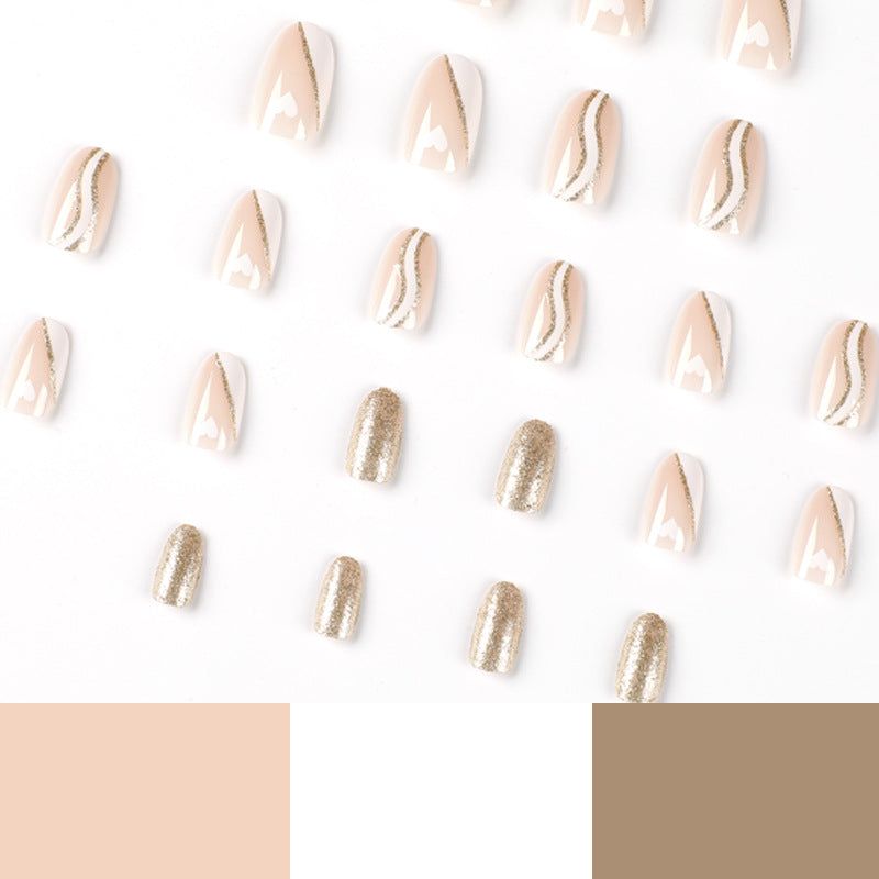 Unhas postiças curtas francesas com bordas brancas onduladas e pó dourado, peça pequena de unha com amor, atacado, peça de unhas postiças｜365nails