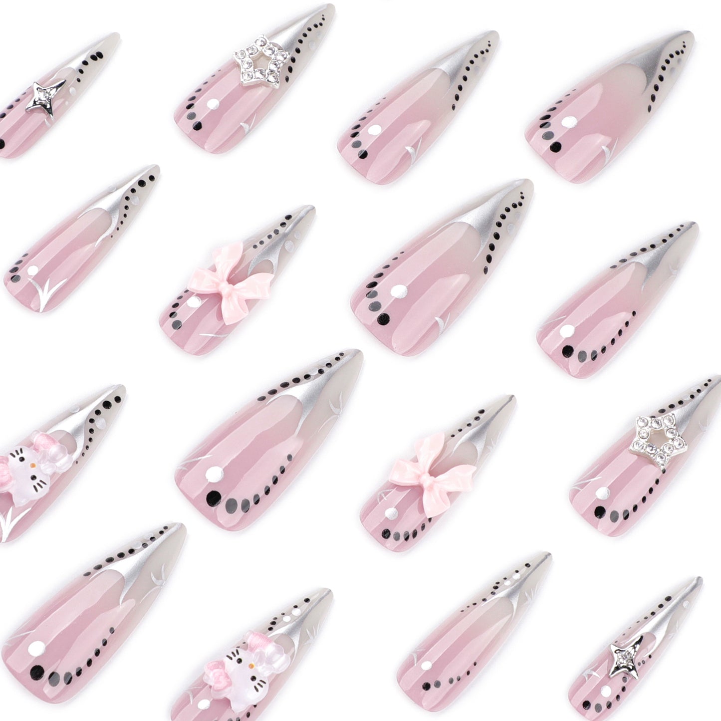 Silver Bow Star Nails with Frosted Metallic Accents