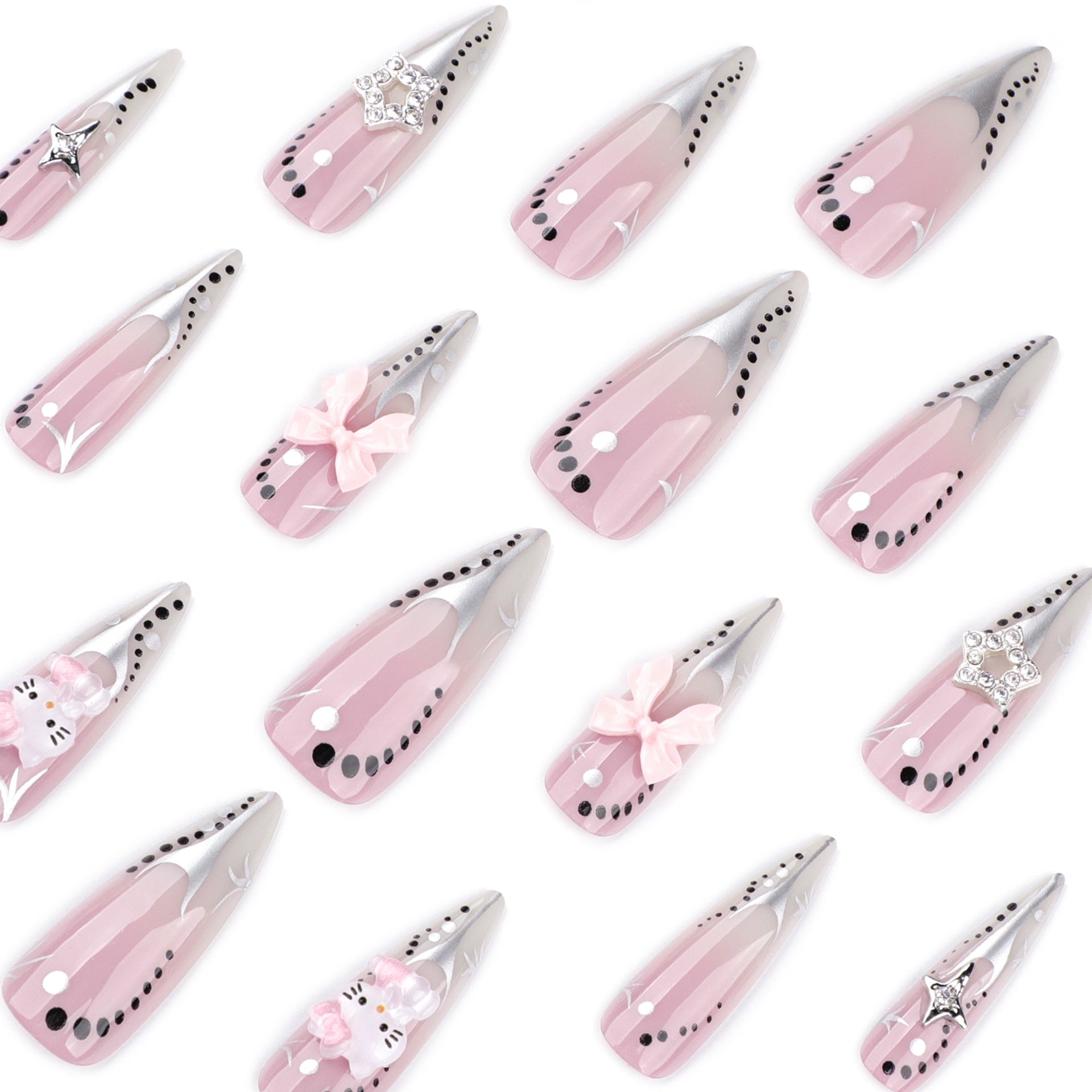 Silver Bow Star Nails with Frosted Metallic Accents