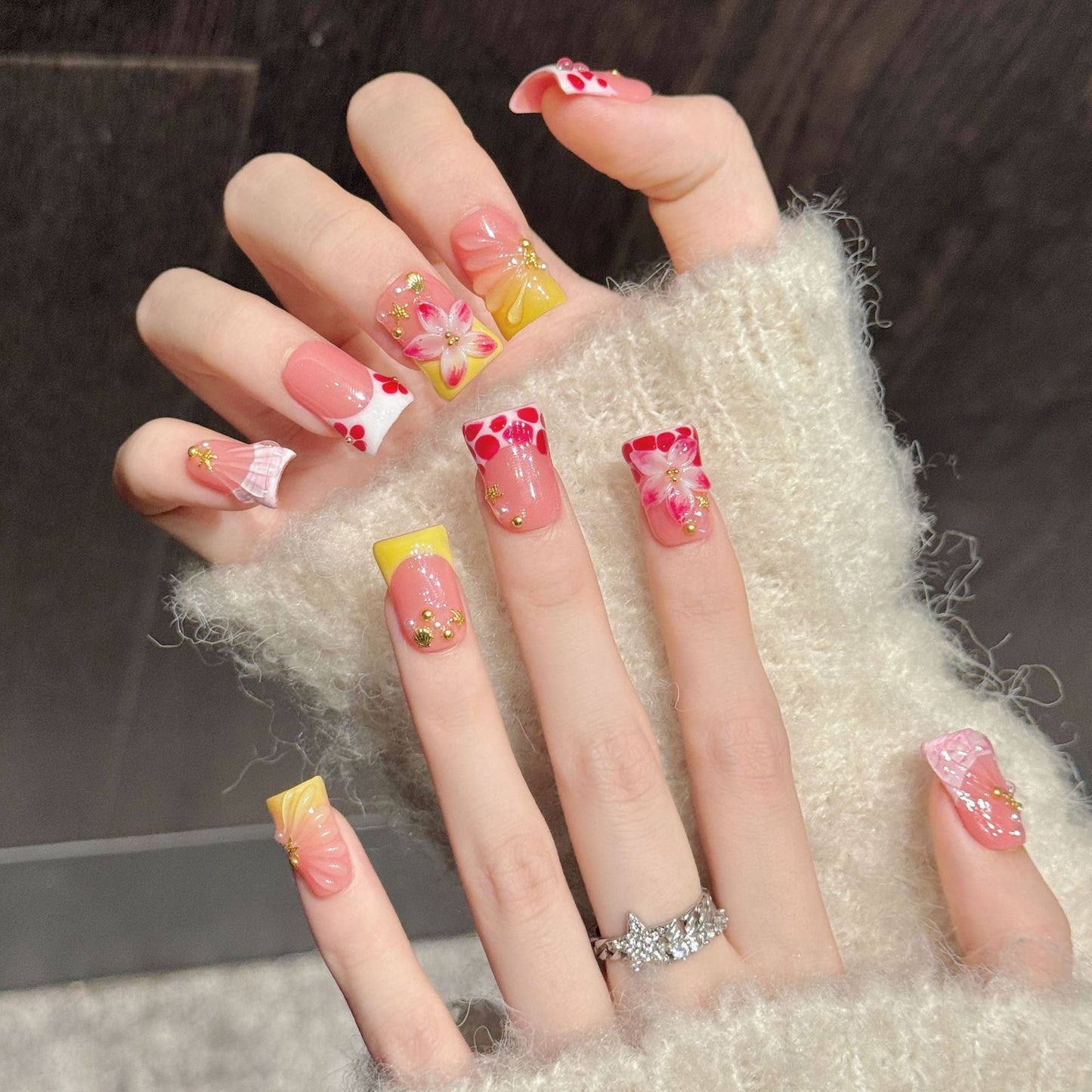 Pink Cherry Blossom Gold Duckbill Press On Nails