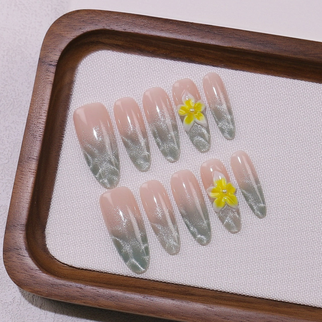 365nails-Misty Forest: "Green Floral" – Almond Shape Handmade 3D Carved Press-On Nails