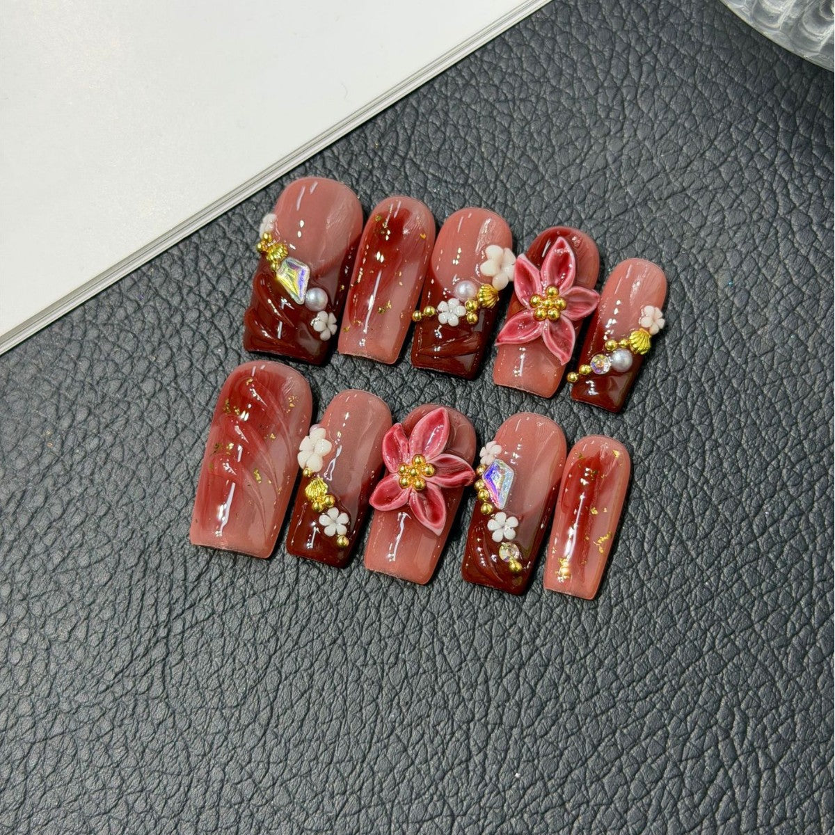 365nails: "Crimson Bloom" – 3D Floral & Glaze Handmade Press on Nails Almond Nails