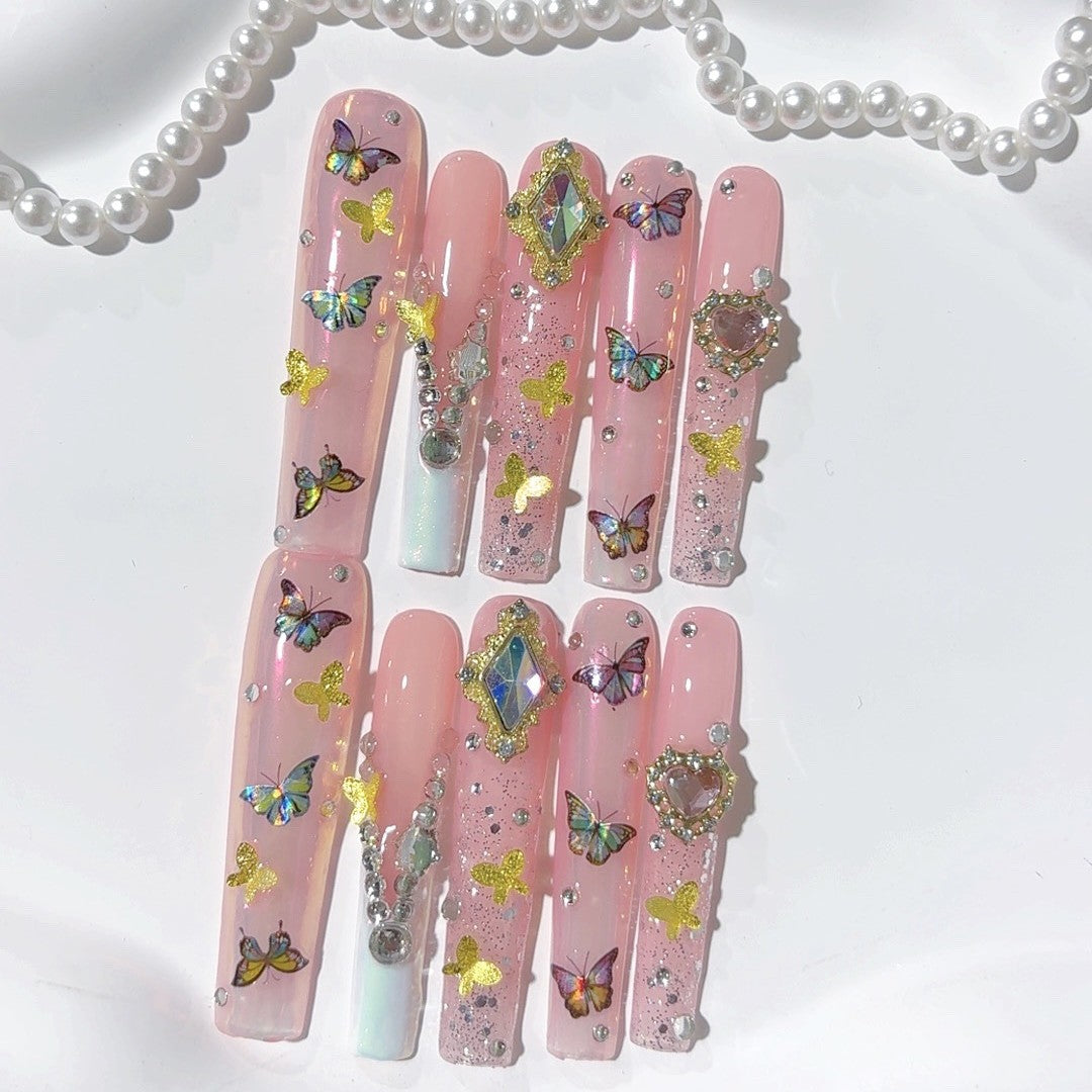 Pink Butterfly Crystal Fantasy Press On Nail Set