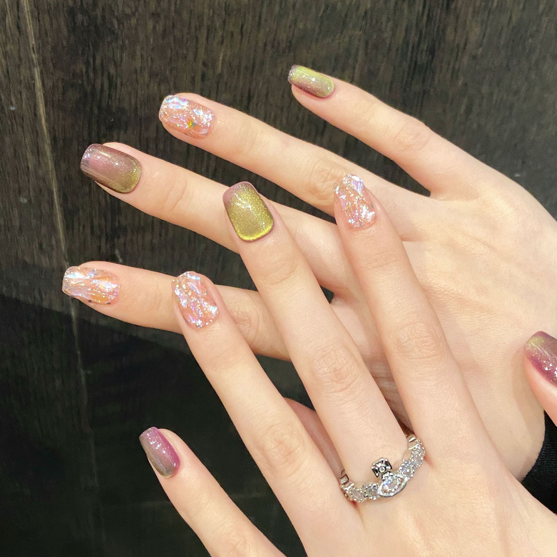 365nails: "호박빛 황혼" – 오로라 캣아이 & 쉘 아트 수제 스퀘어형 네일