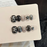 Edgy Black Swirl Star Silver Chrome Short Press-On Nails