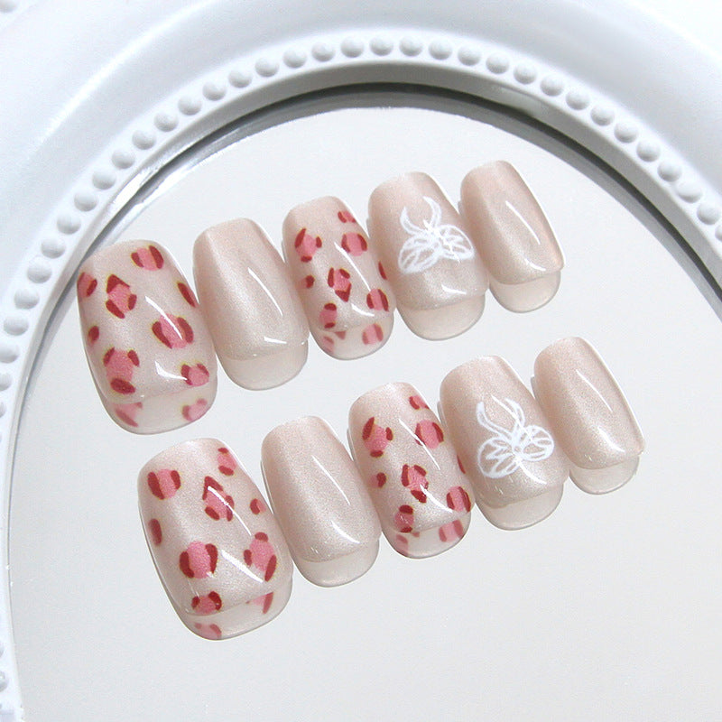 Pontas de unha pré-fabricadas, unhas rosa, estampa de leopardo, laço curto, olho de gato, unhas removíveis e usáveis, 30 peças｜365 unhas