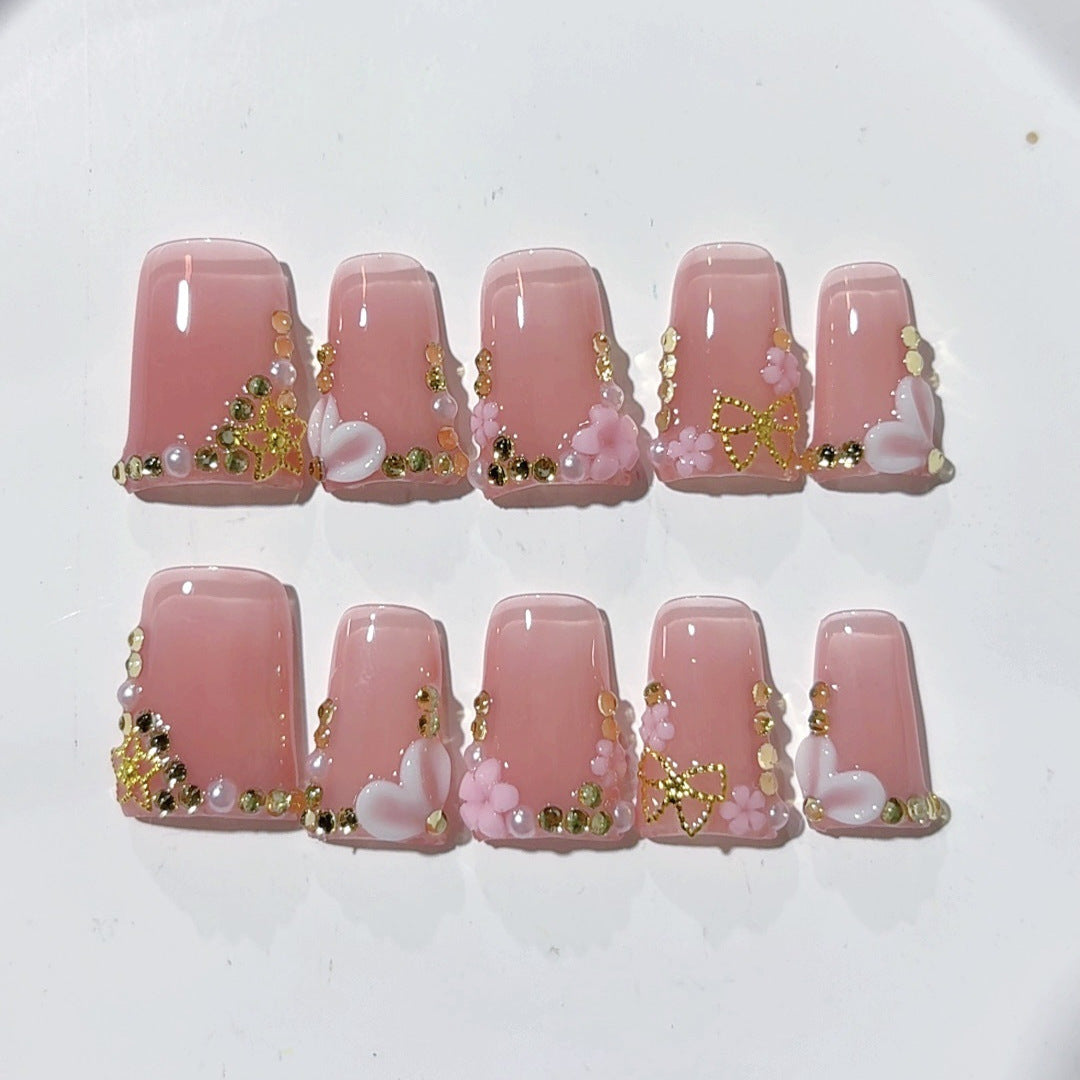 Luxe rose doux : "Cœur & Floral" – Ongles press-on forme carrée