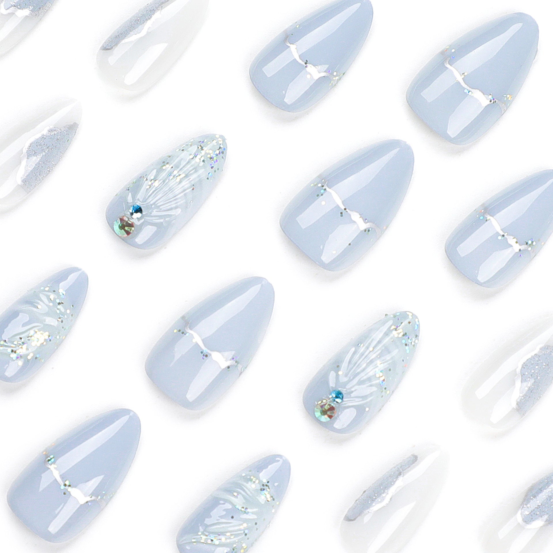 熱銷成品甲片 — 冷色系3D水滴貝殼款 杏仁形｜批發｜365nails