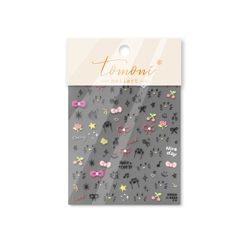 Cute Black Cat & Cherry: "Paw-sitive Sweet Day" – 5D Embossed Nail Sticker