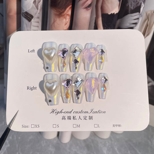 Unhas postiças artesanais Aurora Love Sweet and Cute Nail Art Médio e longo Patch de unha usável Patch de unha postiça finalizado ｜ 365nails