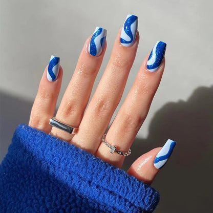 Wear nail short ballet blue glitter wave nail patch Wear nail wholesale Wear nail advanced nails｜365nails