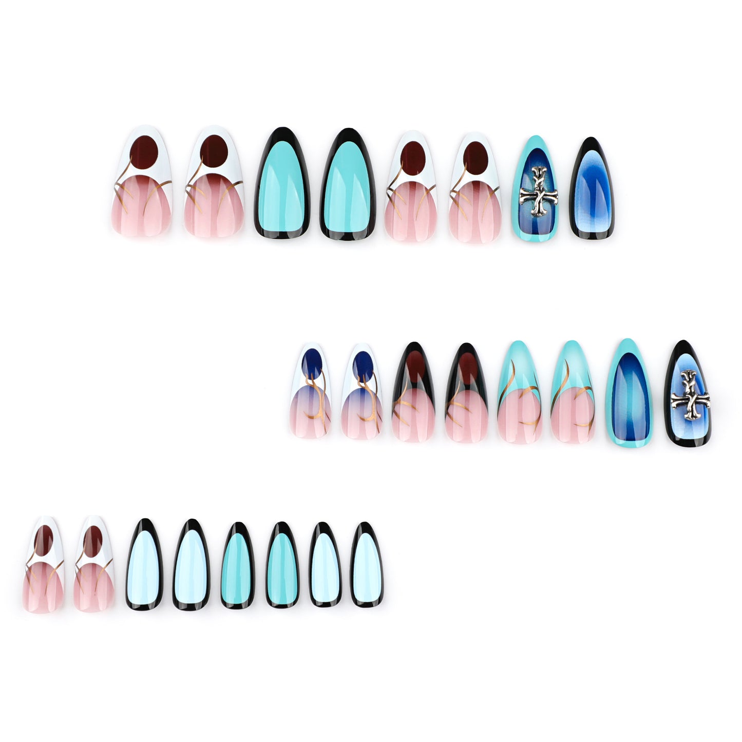 Millennium Style Nail Art French Almond Fake Nails  Cross Wearing Nail Short Removable Nail Piece｜365nails
