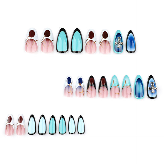 Millennium Style Nail Art French Almond Fake Nails  Cross Wearing Nail Short Removable Nail Piece｜365nails