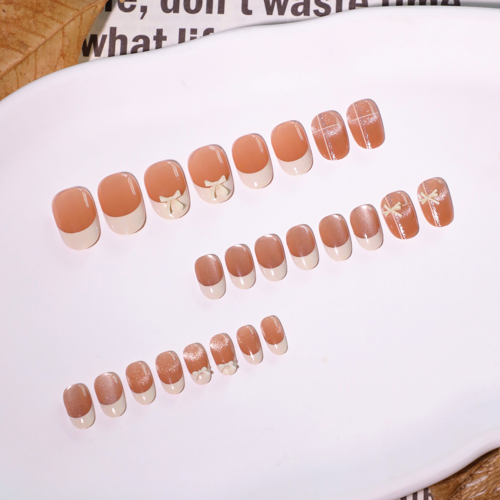 Cat's eye flash short oval French beige press-on nails