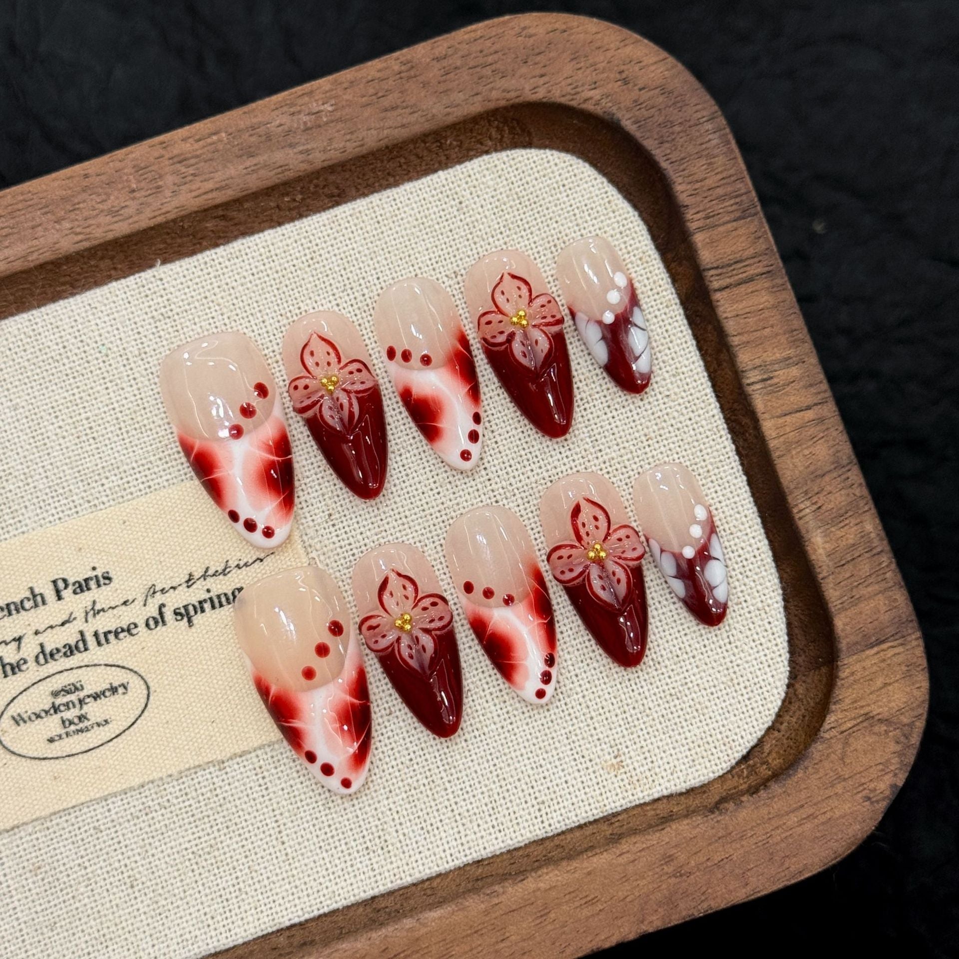365nails: "Crimson Sakura" – Hand-Painted Floral & Ombré Handmade Long Almond Nails