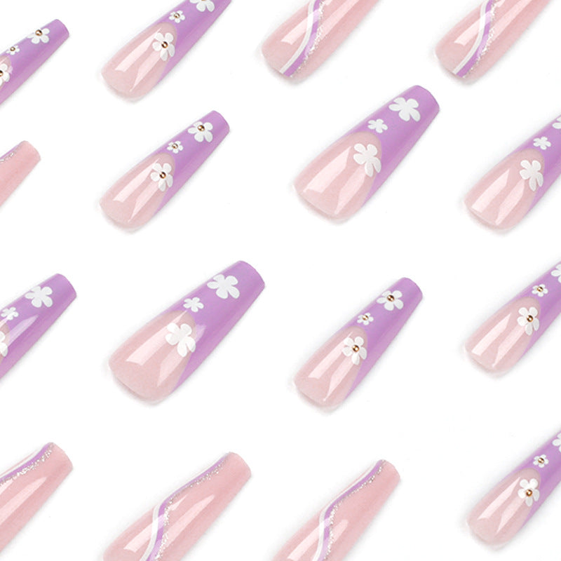 Peça de arte para unhas, balé longo roxo, produto acabado, atacado, linha de flores pequenas, remendo de unha em pó dourado ｜365nails