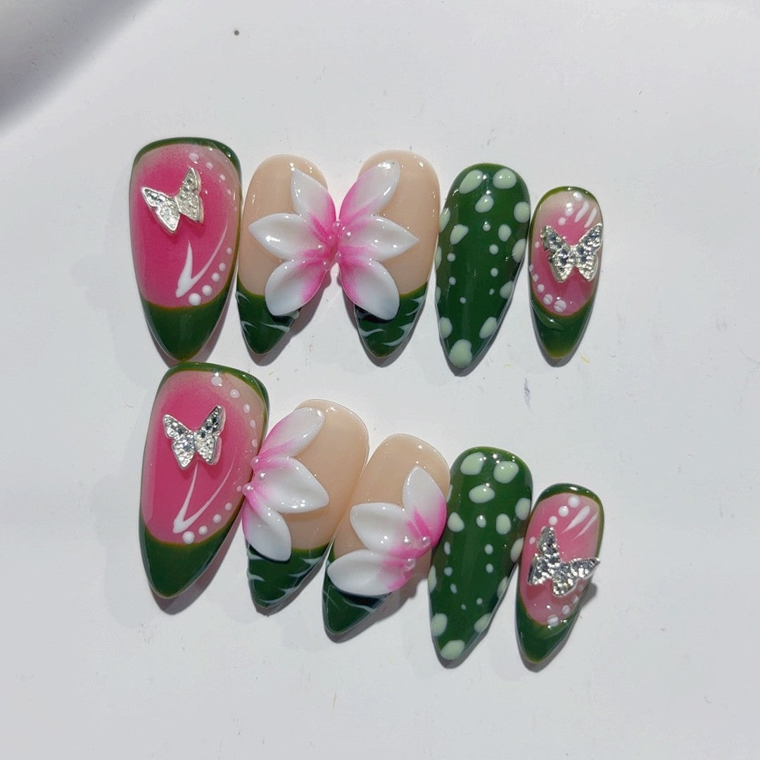 365nails-Tropical Bloom: "雞蛋花飄舞" – 杏仁形手工製3D立體雕刻穿戴甲