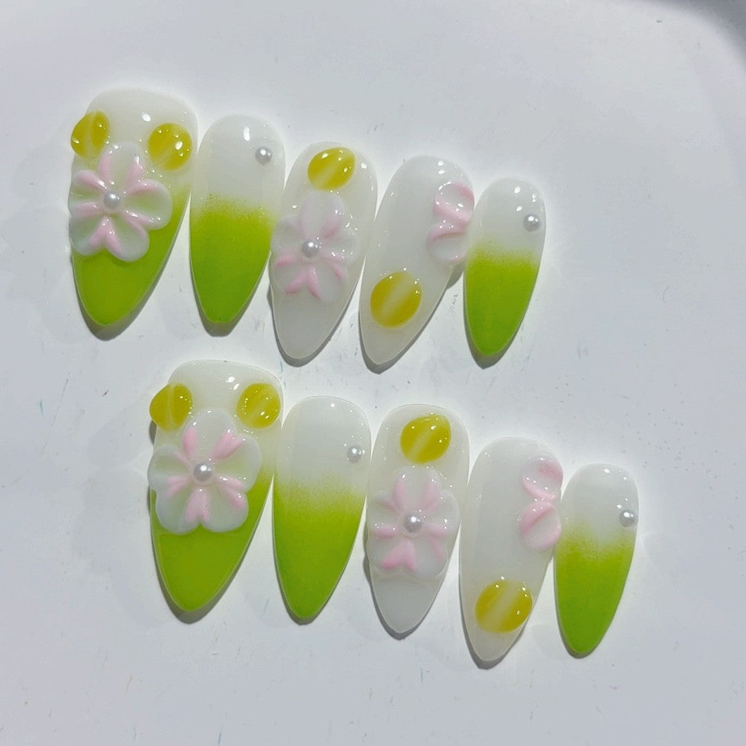 365nails-Spring Dew: "Lemon Daisy" – Almond Shape Handmade 3D Carved Press-On Nails