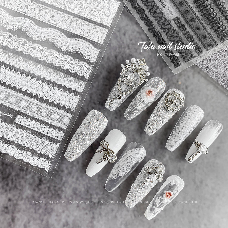Vintage Lace: "White Lace Stripe" – 3D Embossed Nail Sticker