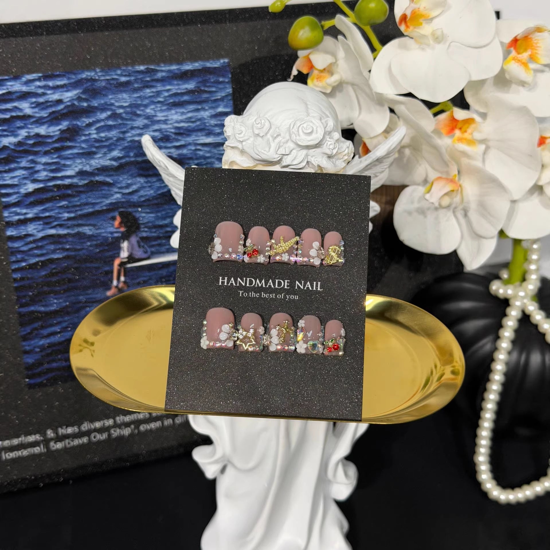 Royal Baroque Collection: "Golden Jewel" – Short Square Press-On Nails