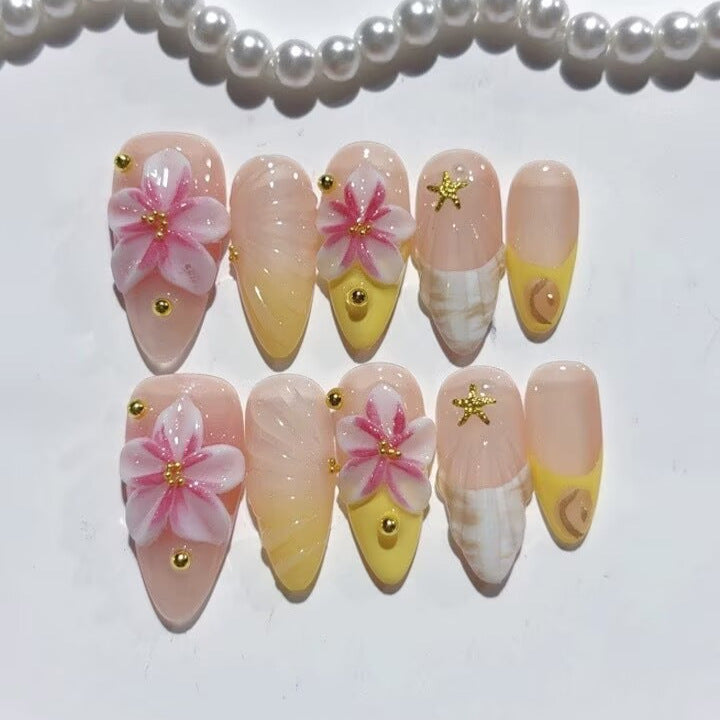 Tropical Bloom: "Brilho de Hibisco Rosa" – Unhas Postiças Artesanais Formato Amêndoa