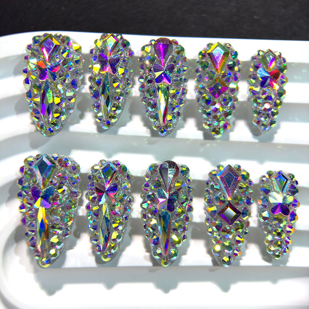 AB Crystal Full Rhinestone Short Almond Press On Nails