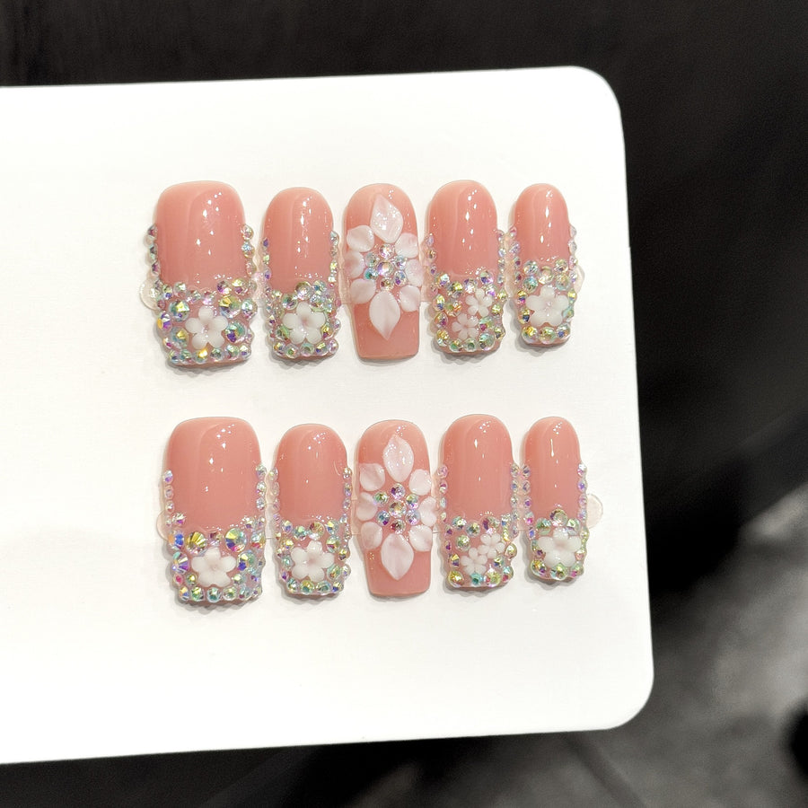 365nails: "Crystal Bloom" – 3D Floral & Rhinestone Handmade Medium Almond Nails