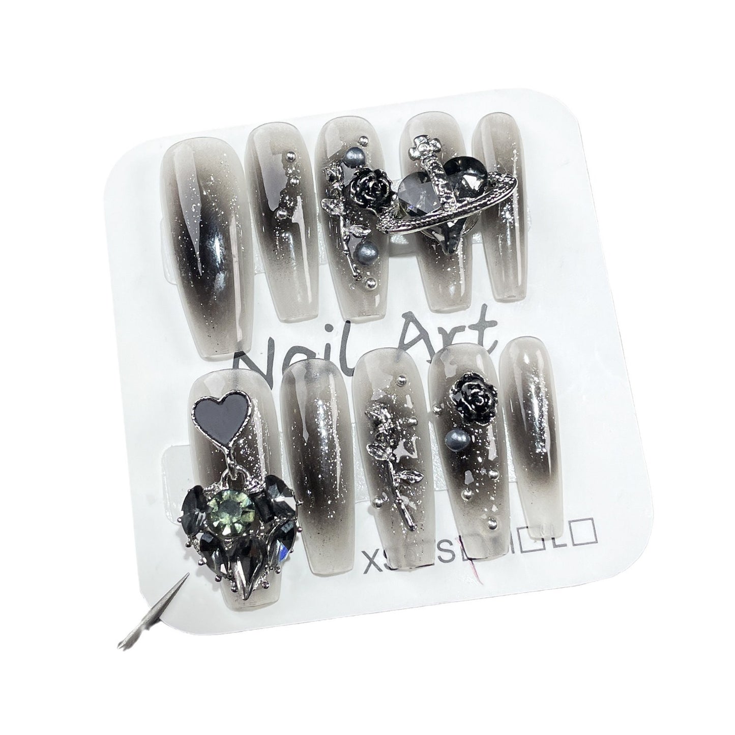 Handmade Press-on Nails spray gun black gills pure desire rose long nail patch flash love wearable nail sticker｜365nails