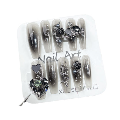 Handmade Press-on Nails spray gun black gills pure desire rose long nail patch flash love wearable nail sticker｜365nails
