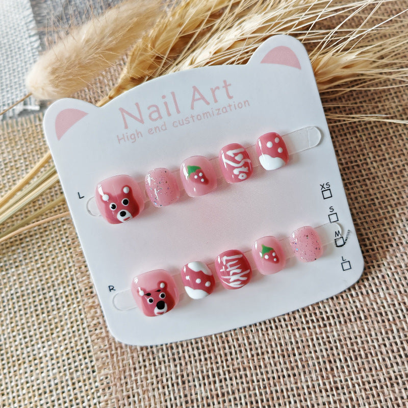 365nails-Strawberry Bear Kids Series: "Sweet Berry Forest" – Short Square Kids Nail Art