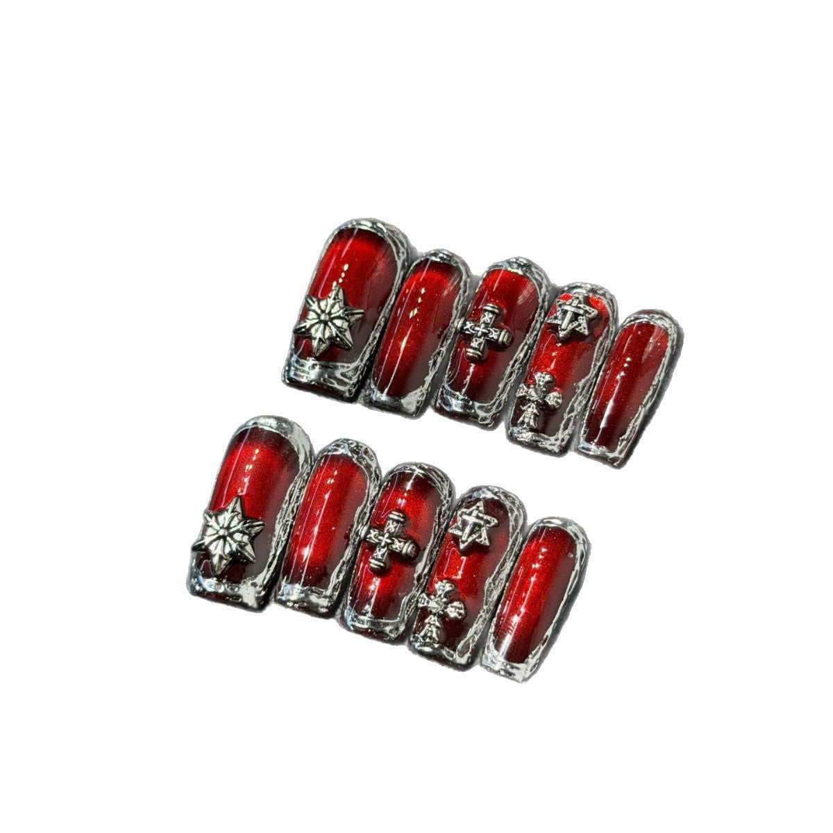 365nails: "Scarlet Throne" – 3D 크리스탈 십자가 수제 스퀘어형 네일