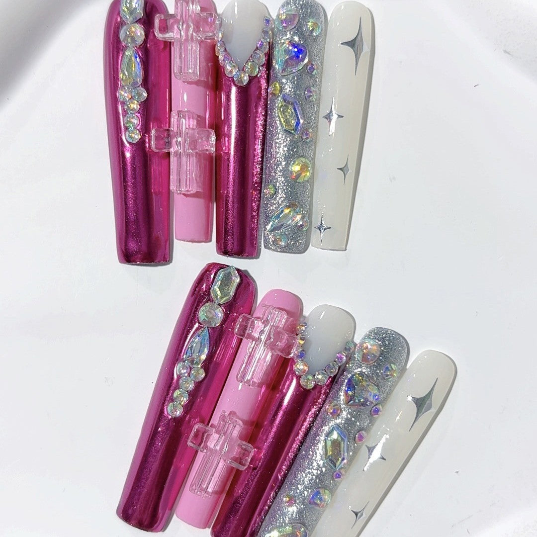 Glossy Pink Crystal Extra Long Press On Nails