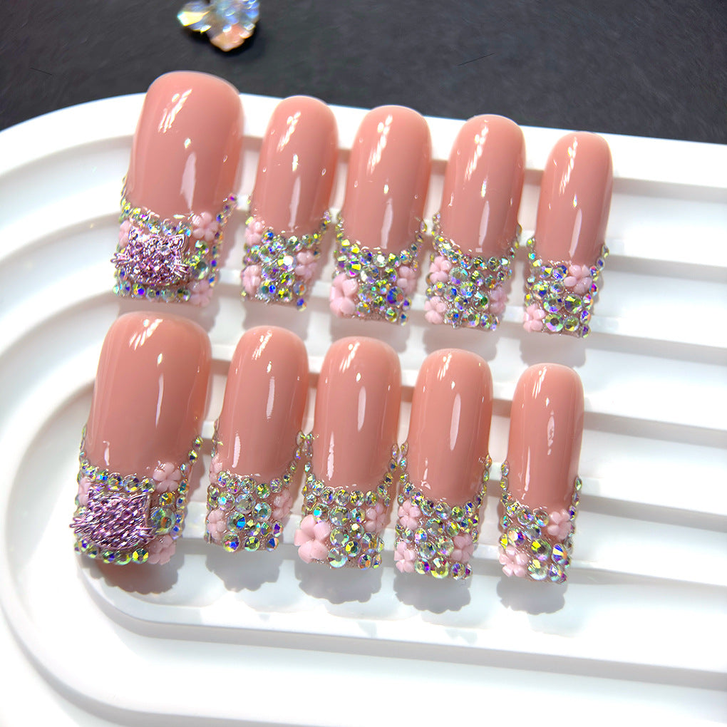Blush Pink Crystal Bow Duckbill Press On Nails