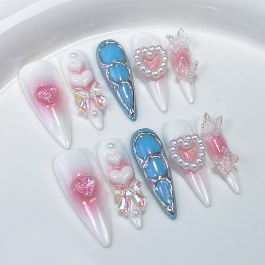 Airbrush Blush Handmade Press-on Nails  Long Tip Aurora Nail Sweet Spice Girl Long Nail Art Wear Fake Nails｜365nails