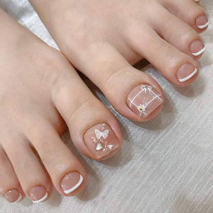 Light Dream White Butterfly Blush Love Flash Diamond Pearl ins Wind Press-on toenails Nail Finished Removable 24 Pieces｜365nails