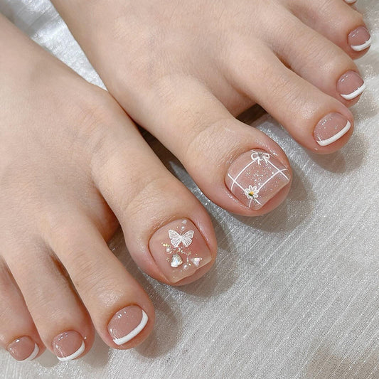Sueño ligero Mariposa blanca Rubor Amor Destello Diamante Perla ins Viento Uñas de los pies a presión Acabado de uñas Extraíble 24 piezas｜365nails