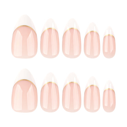 Unhas postiças francesas simples com bordas brancas e curtas, amêndoas, peça de unha postiça curva dourada, 365nails