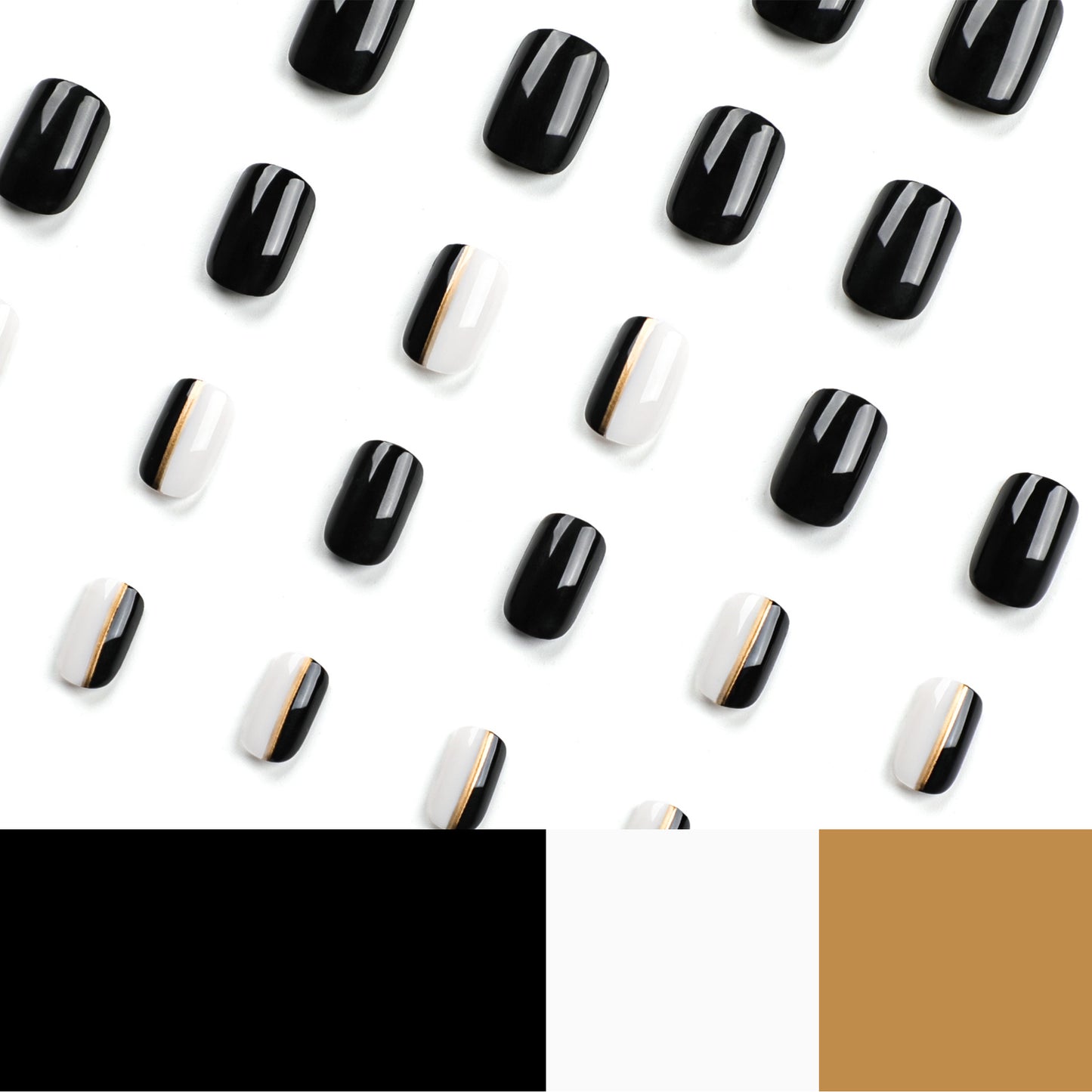 Uñas postizas clásicas de color negro sólido, con diseño de rayas doradas, para manicura, venta al por mayor | 365nails