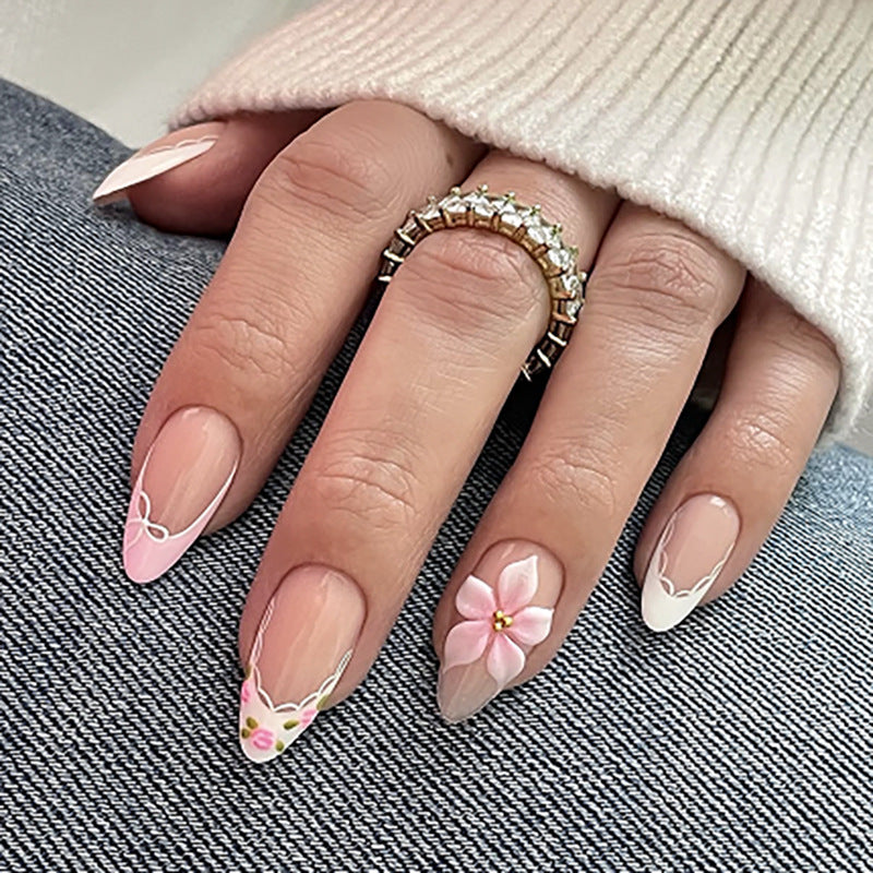 365nails: "Pink Floral Lace French Oval" – Delicate Press-on Nails