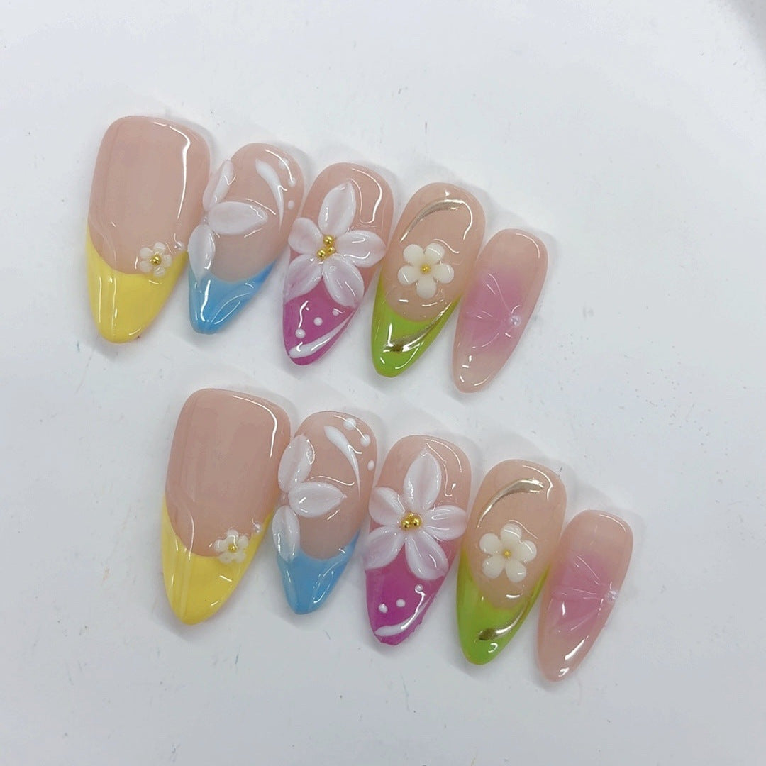 Pétale Pastel : « Murmure Floral Arc-en-Ciel » – Ongles press-on forme amande