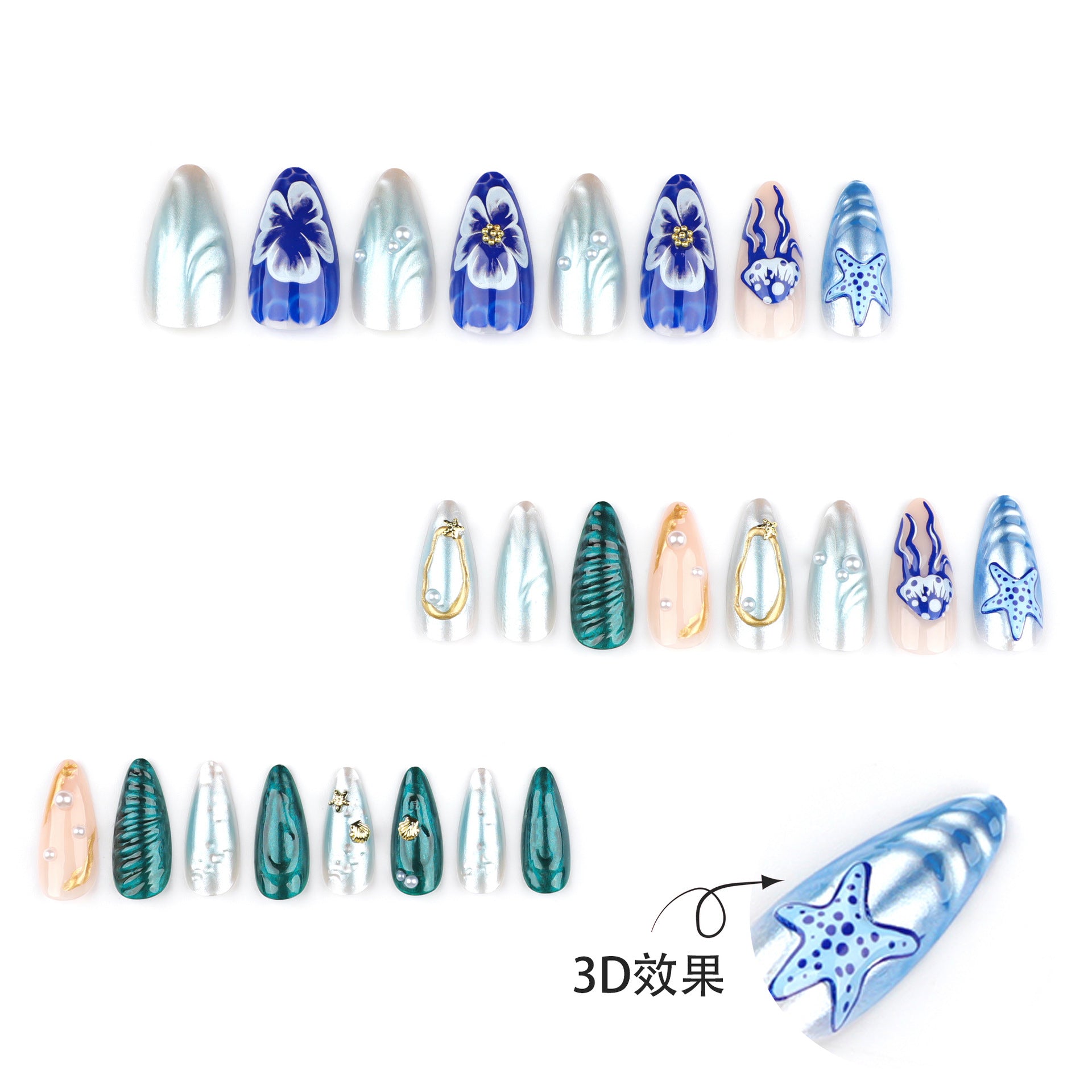 3D海洋珍珠美甲 短款杏仁形穿戴甲 批發｜365nails