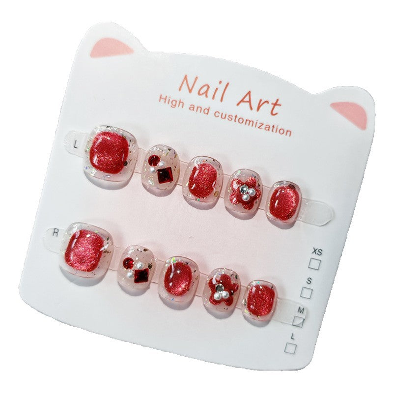 365nails：「紅寶石亮粉浪漫」— 手工製可愛短款橢圓形穿戴甲（寶石與花朵圖案）