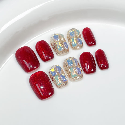 Handmade Nail Art Flash Glass Beads cat eye Short Handmade Press-on Nails Stickers Yiwu Nail Art ｜365nails