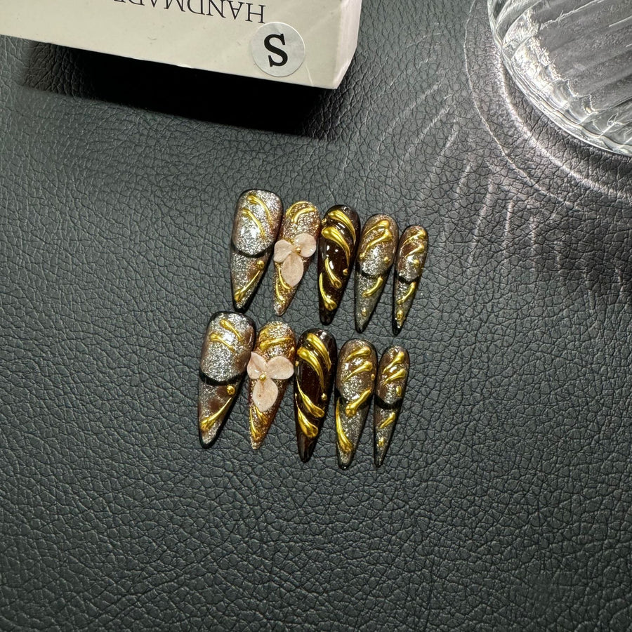 365nails: "Gilded Symphony" – 3D Gold Marble Handmade Stiletto Nails
