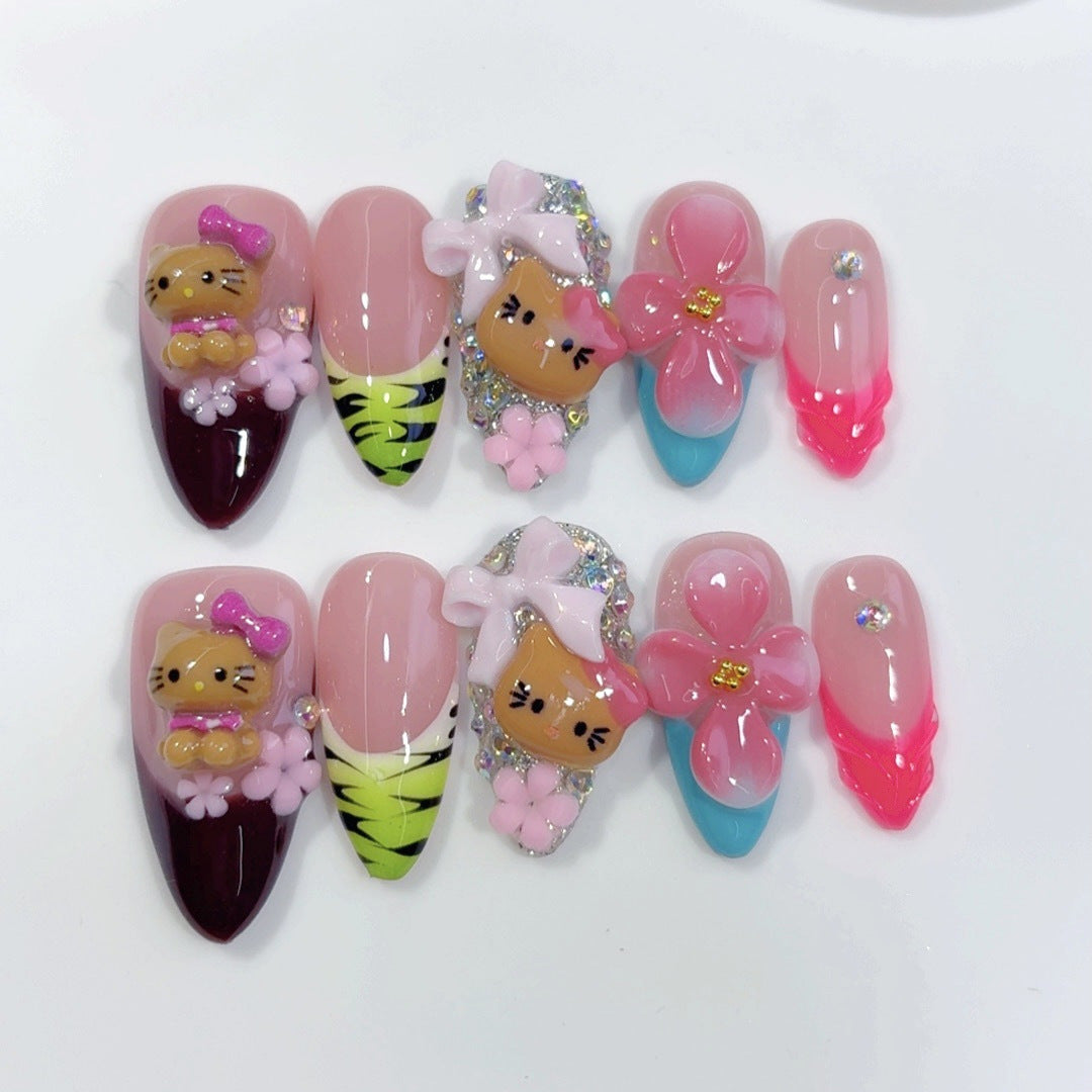키티 파라다이스 — Hello Kitty 스윗 가든 아몬드형 프레스온 네일
