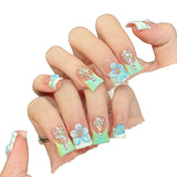 Mint Blue Floral Crystal Press On Nails