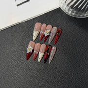 365nails: "復古暗黑" – 3D 花卉與波點 手工製 長款尖形穿戴甲