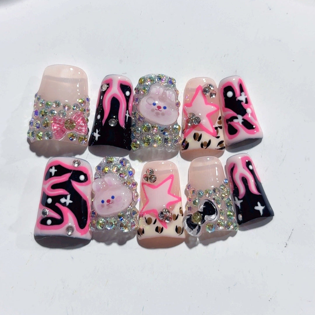Y2K Punk Kawaii: "Pink Flame Bunny" – Short Square Black & Pink Cartoon Handmade Press-On