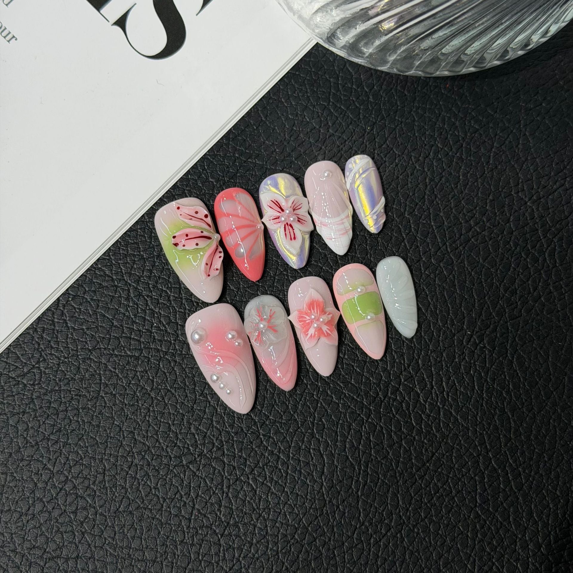 365nails: "Spring Whisper" – 3D 플로럴 & 마블 수제 아몬드형 네일